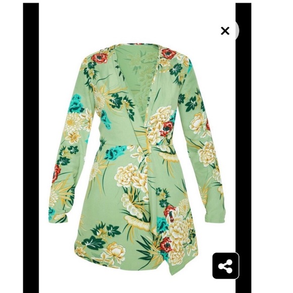 Sage botanical print faux wrap long sleeve dress - Picture 4 of 5